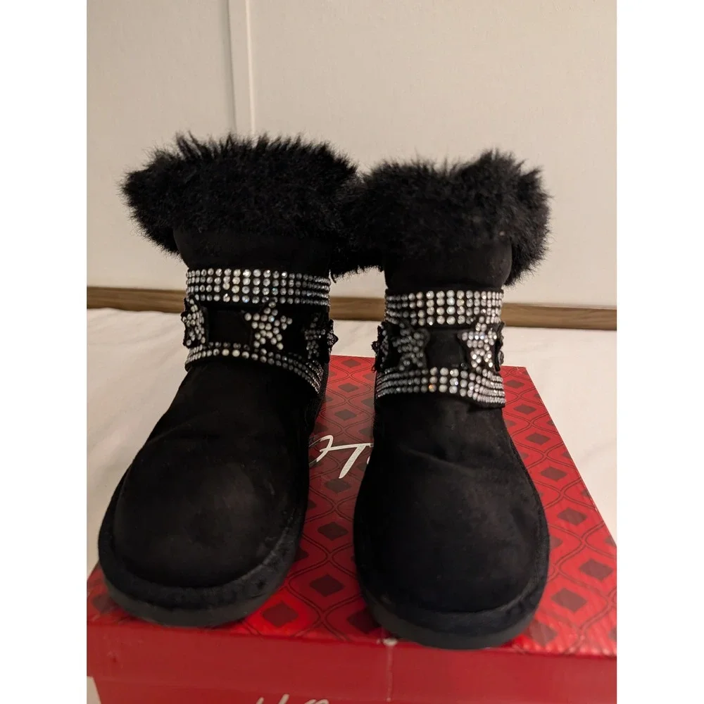 Hotcakes Girls Black Faux Suede Rhinestone Star Faux Fur Winter Boots Size 13M